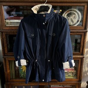 JM Collection Petite Hooded Anorak Jacket Navy & Tan